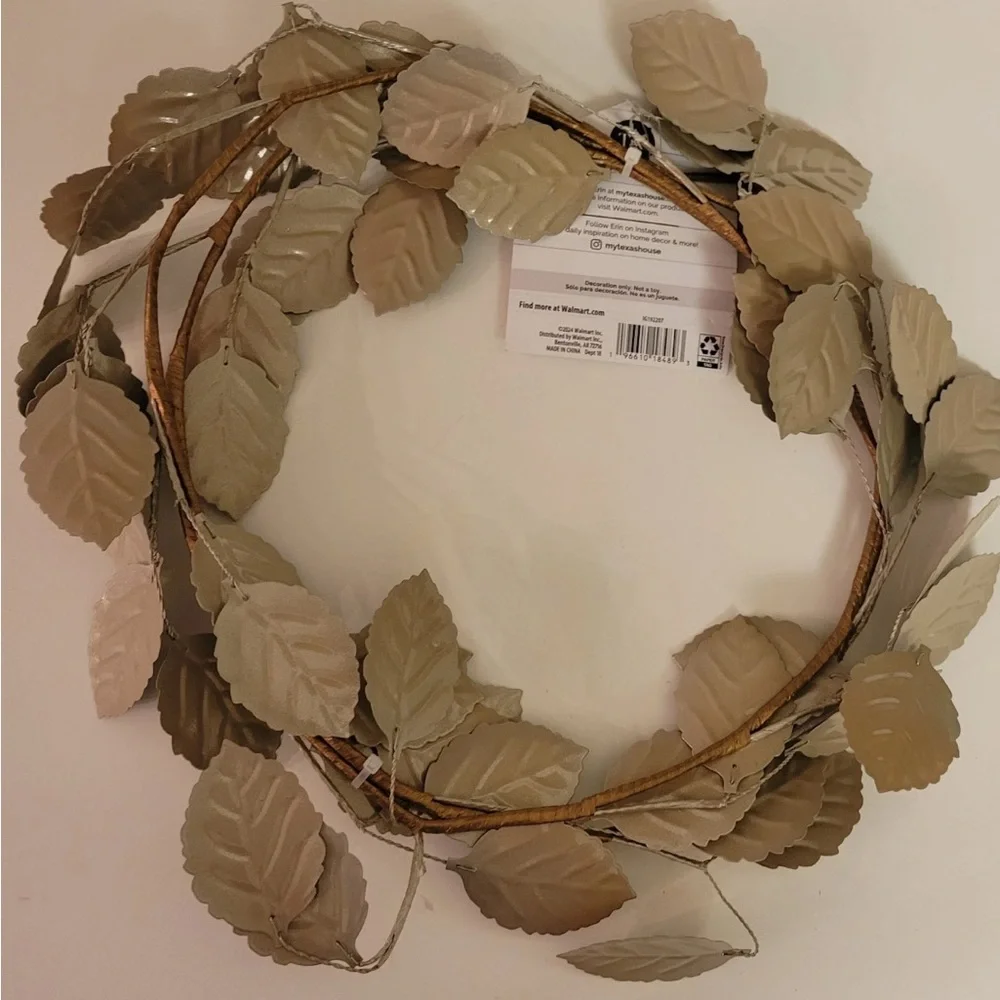 My Texas House Garland Metal Leaf Leaves 6 Ft Champagne Lt Taupe Wired Decor